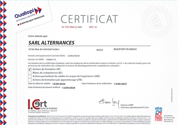 SARL ALTERNANCES- Certificat Qualiopi